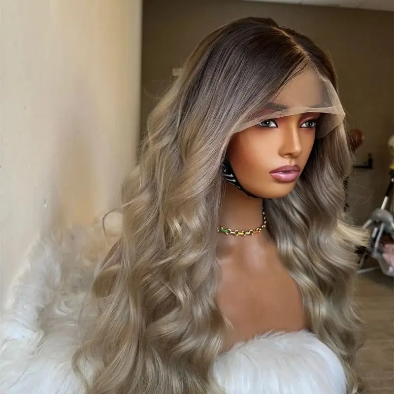 

100% синтетическое волокно премиум-класса 13x4 Ombre Ash Smoke Blonde Цветной синтетический парик спереди для женщин с темным бесклеевым париком для вечеринки