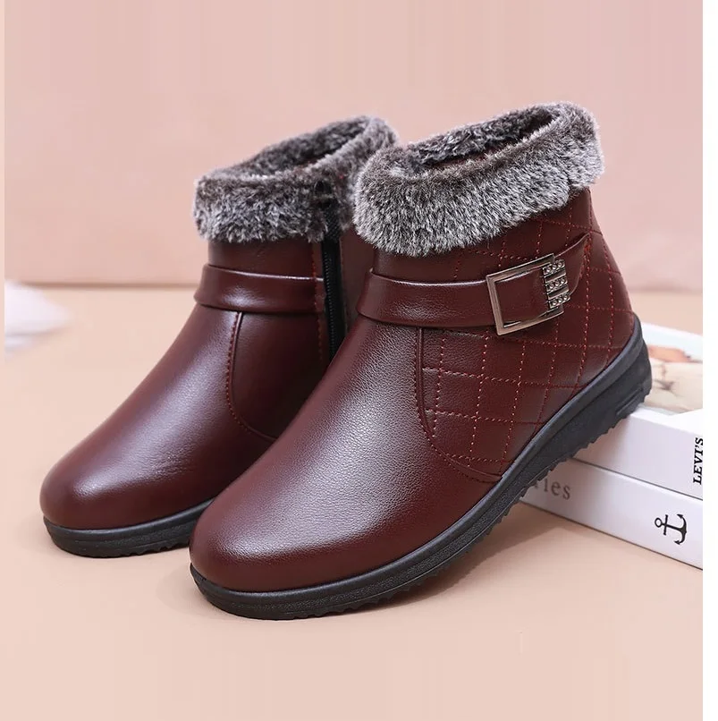 Waterproof PU Leather Rain Boots Warm Fluffy Women\'s Winter Boots Elderly Mom\'s Snow Boots Female Footwear Black High Top Botas