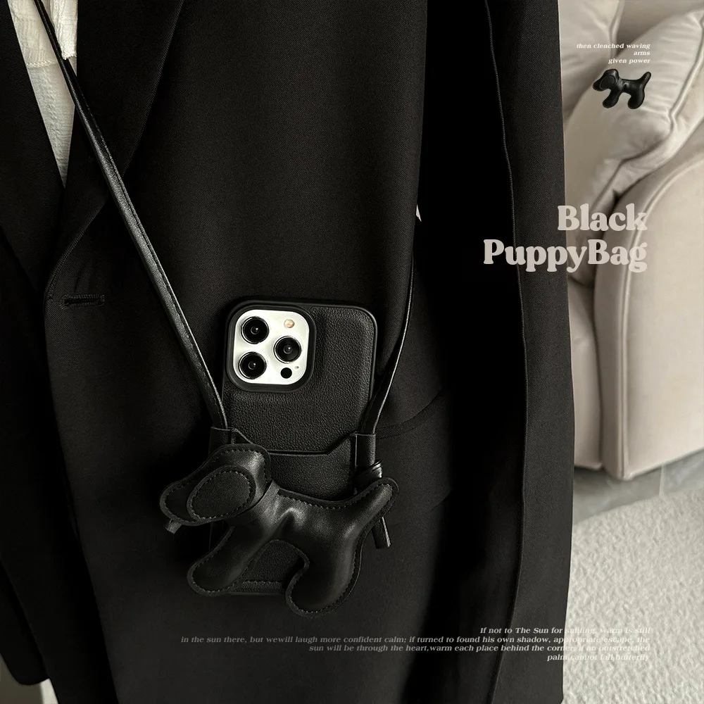 Korean Black Crossbody Lanyard DIY Puppy Leather Texture Phone Case For iPhone 17 Air 16 15 14 13 12 Pro Max Shockproof Cover view 3