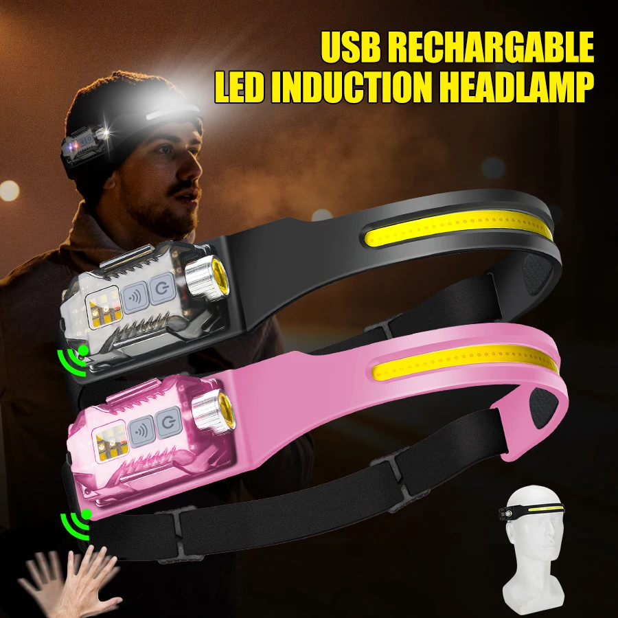 

Induction Headlamp COB LED Sensor Head Lamp Built-in Battery Flashlight USB Rechargeable Head Torch 9 Lighting Modes Headlight