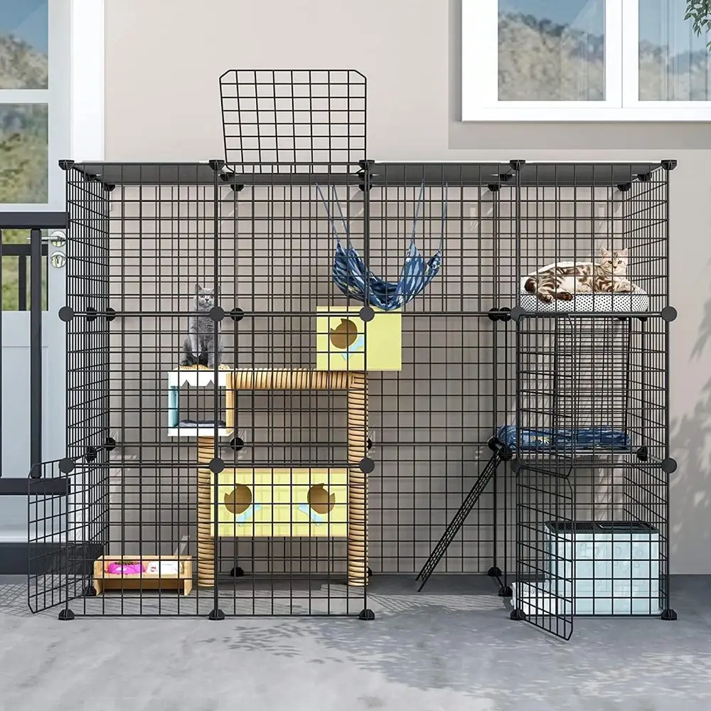 

Cat House/Cages Enclosure with Super Large Enter Door, Balcony Cat Playpen with Platforms, DIY Kennels Crate Large Exercise Plac