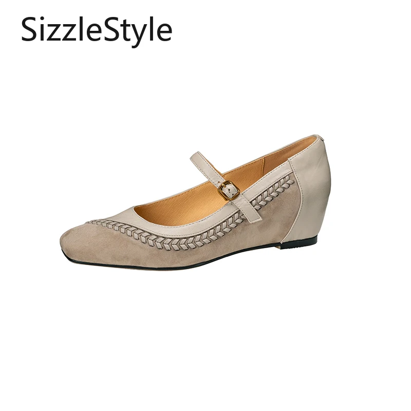 

Fashionable Women's Leather Square Toe Stitching Single Buckle Comfortable Wedge Heel Mary Jane Shoes