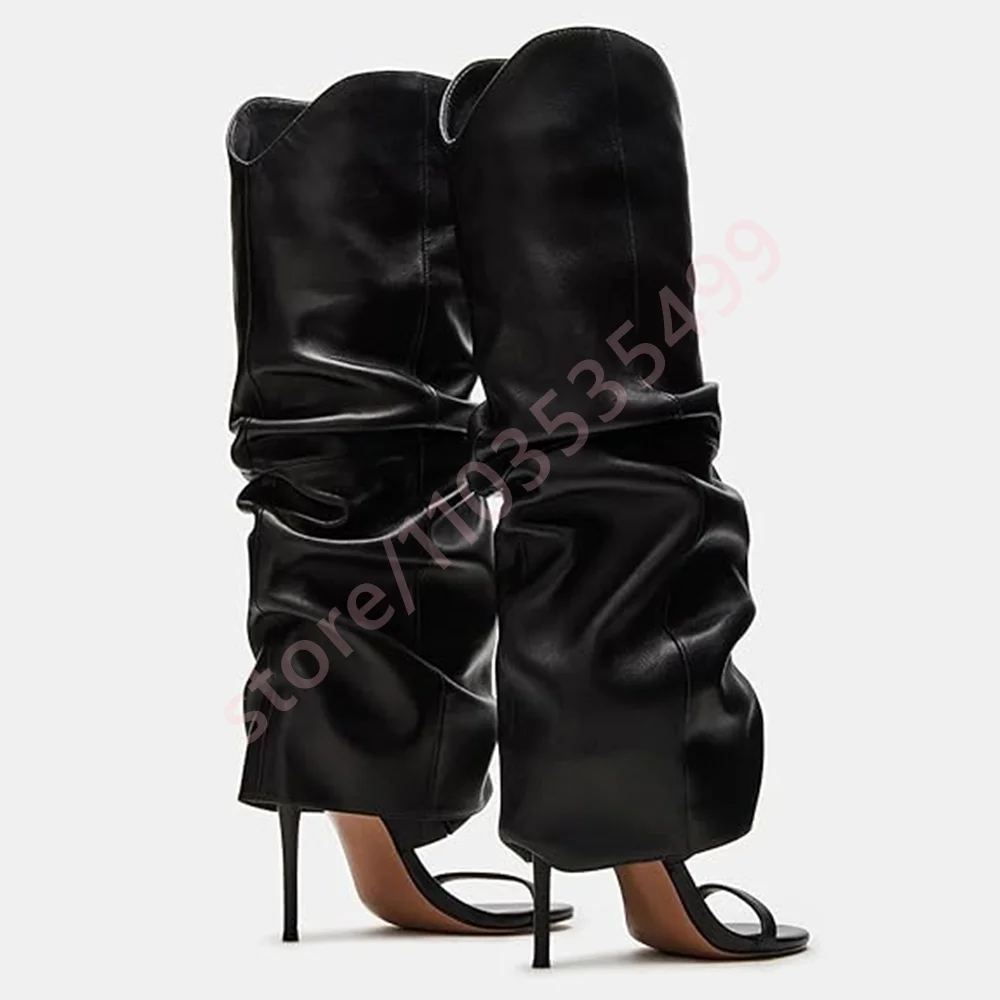 أحذية نسائية عصرية مفتوحة من الأمام بطيات لخريف 2025 نمط Ins جديد نموذج أنيق بكعب ستيليتو بلون سادة أحذية غير رسمية للركبة