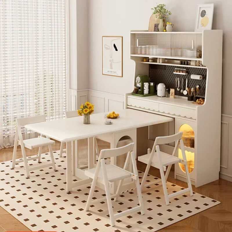 Solid Wood Sideboard Dining Table Integrated Foldable White Wall Locker Kitchen Storage Cabinet