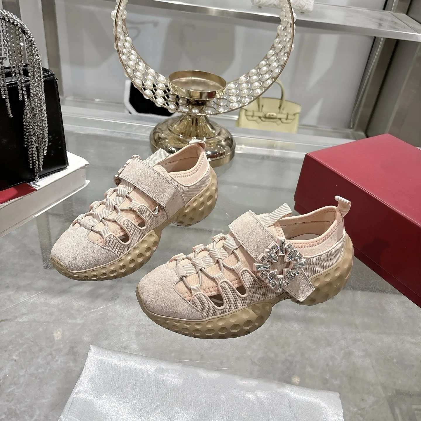 2025 New Fashionable Versatile Square Buckle Rhinestone Thick-Soled Casual Sneakers