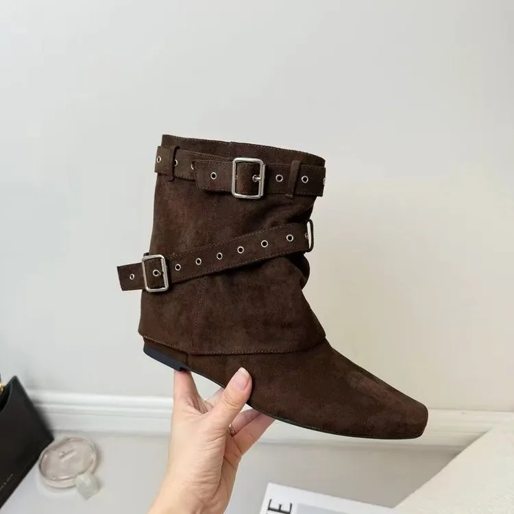 French Vintage Platform Soft Leather Ankle Boots for Women 2026 Fall New Belt Buckle Western Wrinkled Stacked Pants Tube Boots