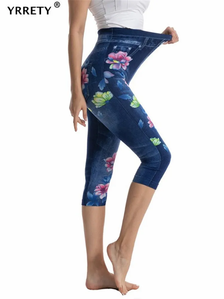 Yrrety Vrouwen Naadloze Leggings Hoge Taille Elastische Imitatie Denim Mid-Kalf Broek Fitness Jeggings Bloemen Skinny Gym Broek