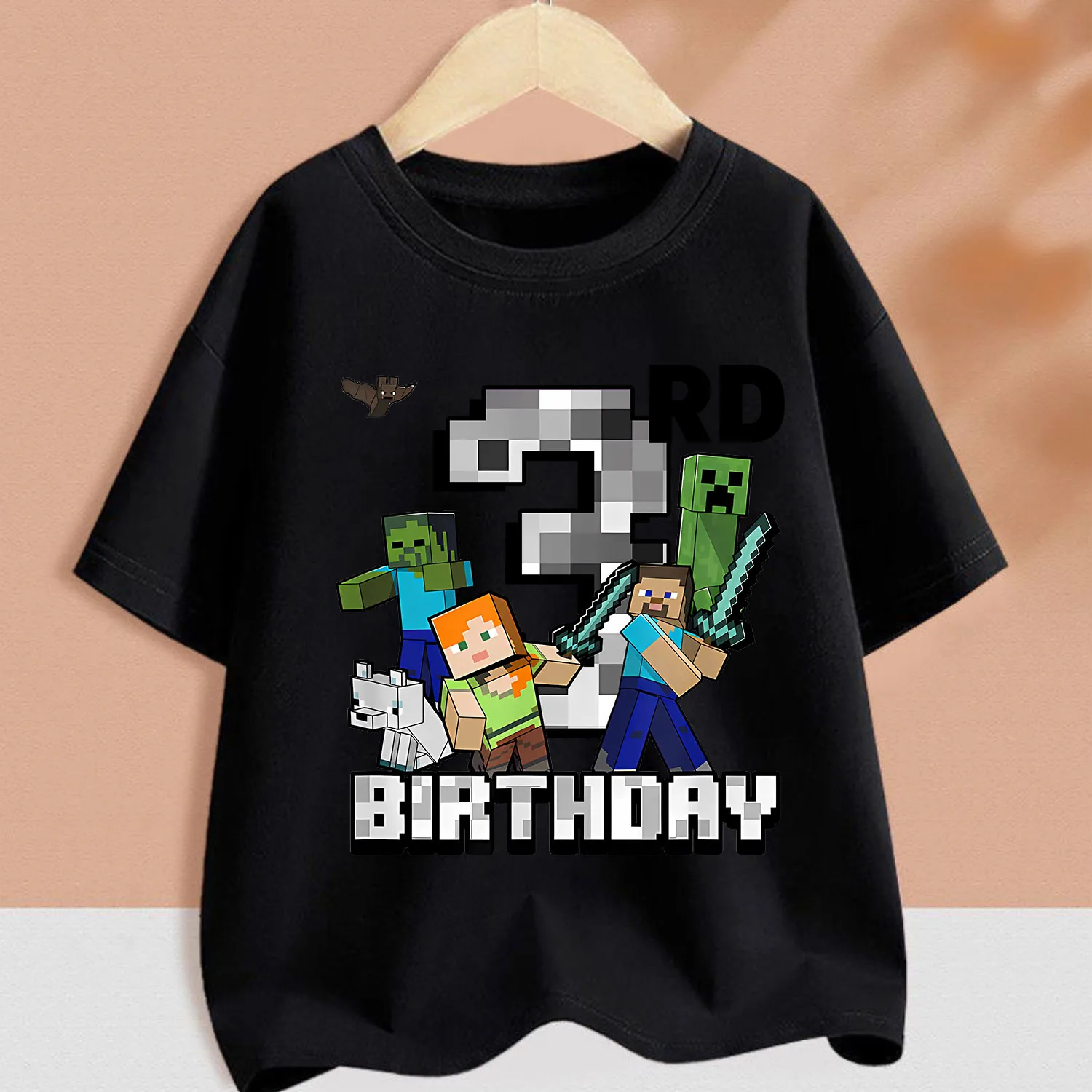 Pixel Game T-shirt nera per bambini Compleanno Figura Vestiti Cartoon Colletto tondo Abbigliamento Bambini Manica corta Estate Tee Top regalo