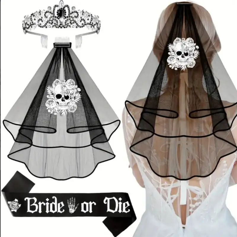 2026 New Bride Or Die Bachelorette Party Decoration Black Skull Bridal Headpiece for Halloween Parties, Gothic Wedding Looks