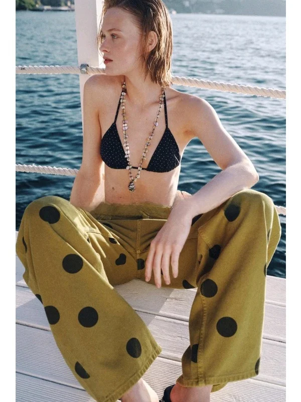 

Summer Women's Long Version Button Zipper Denim Pants Polka Dot Decorated Color Block Barrel Shaped Jeans Natural Waist