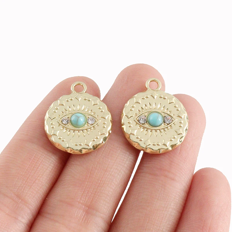 5 x Antique Gold Color Evil Eye & Faux Stone Round Charms Pendants for DIY Necklace Jewelry Making Accessories 18x21mm