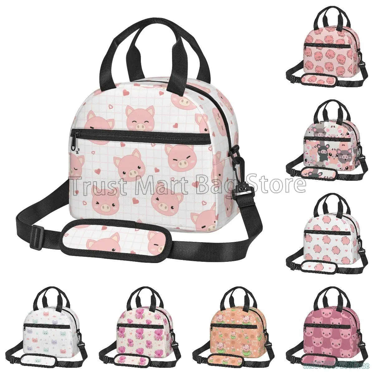 Cute Cartoon Pink Pigs Lunch Bag Women Insulated Lunch Box Tote Bag with Adjustable Shoulder Strap for Work Picnic Beach Travel