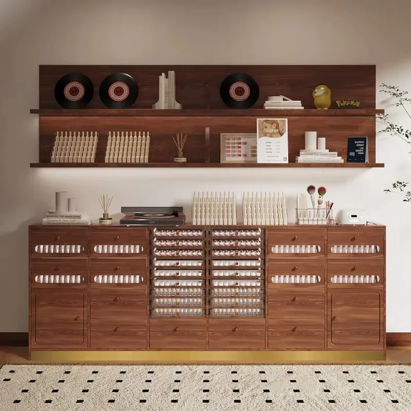 Factory Direct Sales Walnut Nail Salon Display Cabinet Nail Polish Adhesive Transparent Drawer Storage Cabinet