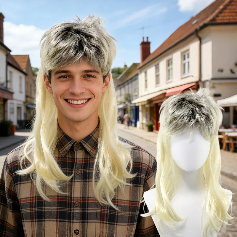 Blonde Mullet Synthetic Wig, Retro 80s Style Shaggy Hair for Men, Ideal for Halloween, Parties and Cosplay Events