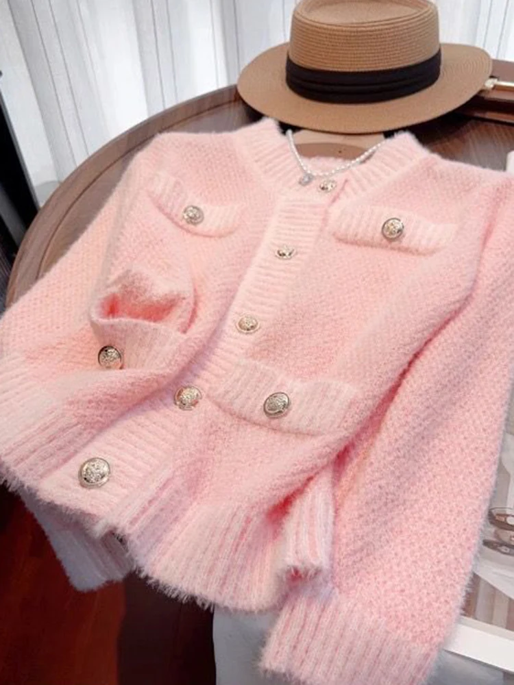 Zoki Sweet Pink Cardigan Swetry Kobiety Moda Guziki Długi rękaw Dzianina Kurtka Jesień Koreański Szyk O Szyja Kobiece Eleganckie Topy