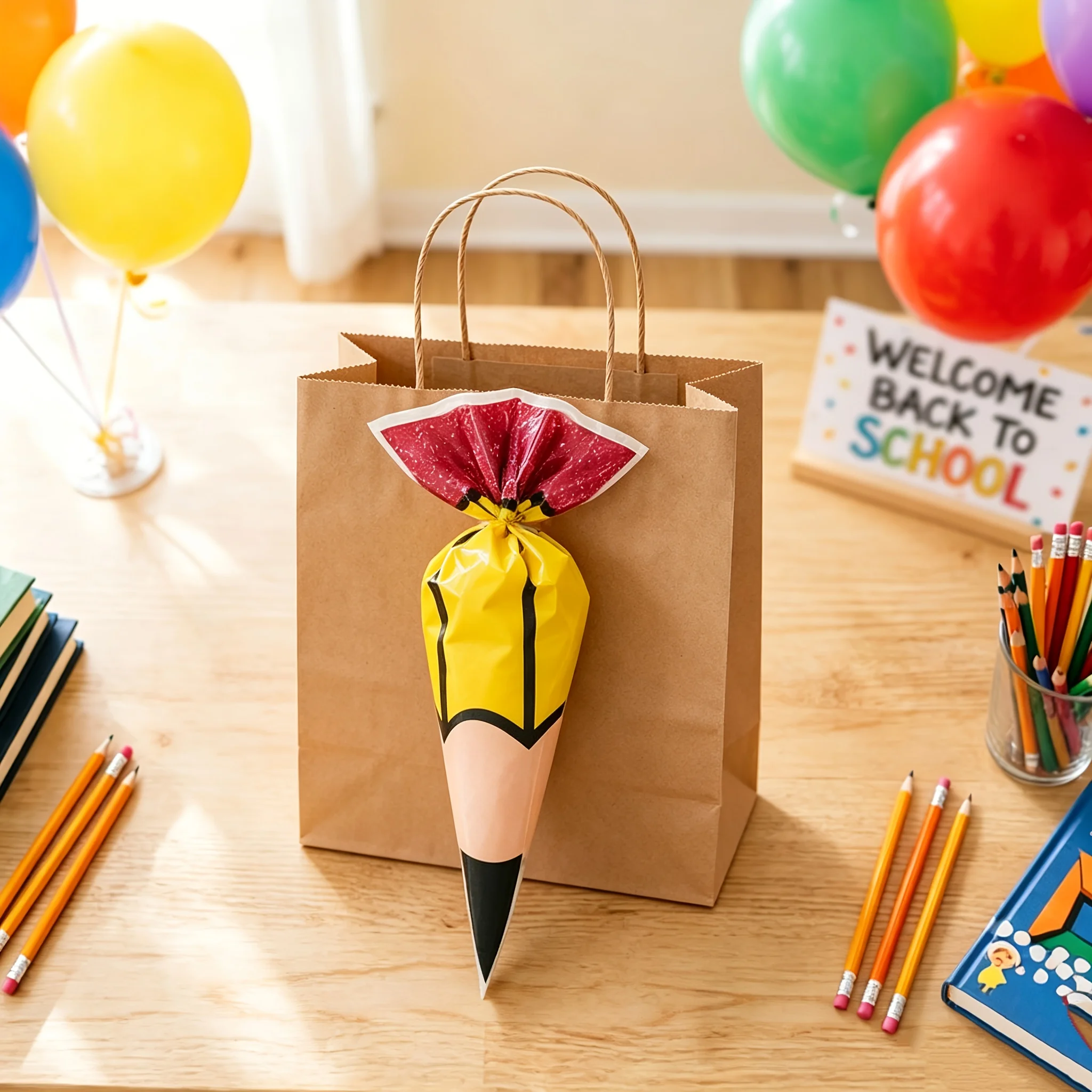 50 Stück Geschenktüten mit dreieckigem Bleistiftmuster, konische, bleistiftförmige Verpackungsbeutel, Themenparty-Dekorationen für die Schulanfangssaison