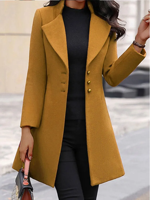 

Women's Slim Fit Woolen Coat Pure Color Turn-down Collar Autumn Winter Street Sle Faion Outerwear Polyester Fiber Coat