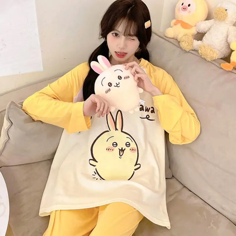 Anime Chiikawa Frauen Pyjama Cartoon Kawaii Pyjama Sets Mädchen Baumwolle Nachtwäsche Student Pyjamas Hosen Mode Komfort Loungewear