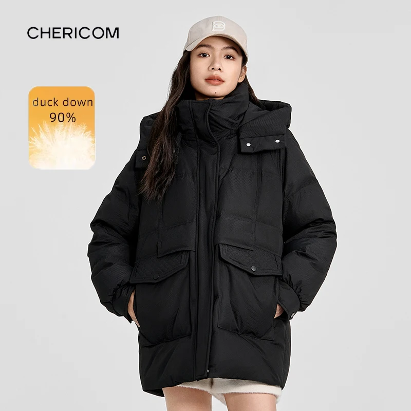 Chericom Women's Down Jacket Stand-up Collar Removable Hood Placket Two-Way Zipper Insert Pockets Warm Winter Outerwear Y308109Y