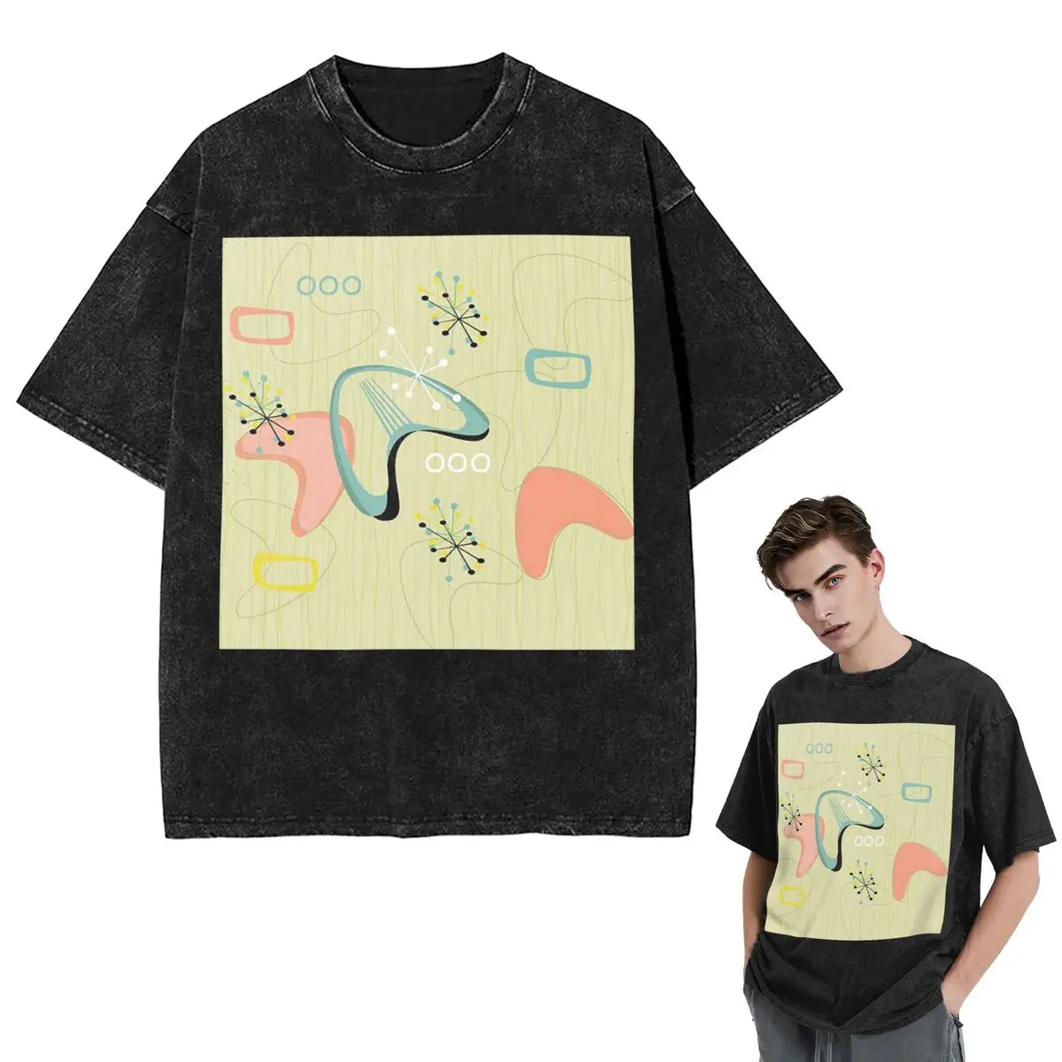 

Streetwear T-Shirts Retro Eames-Era Atomic Inspired Geometry Pattern Washed T Shirt Short Sleeve Hip Hop T-Shirt Tops Tees