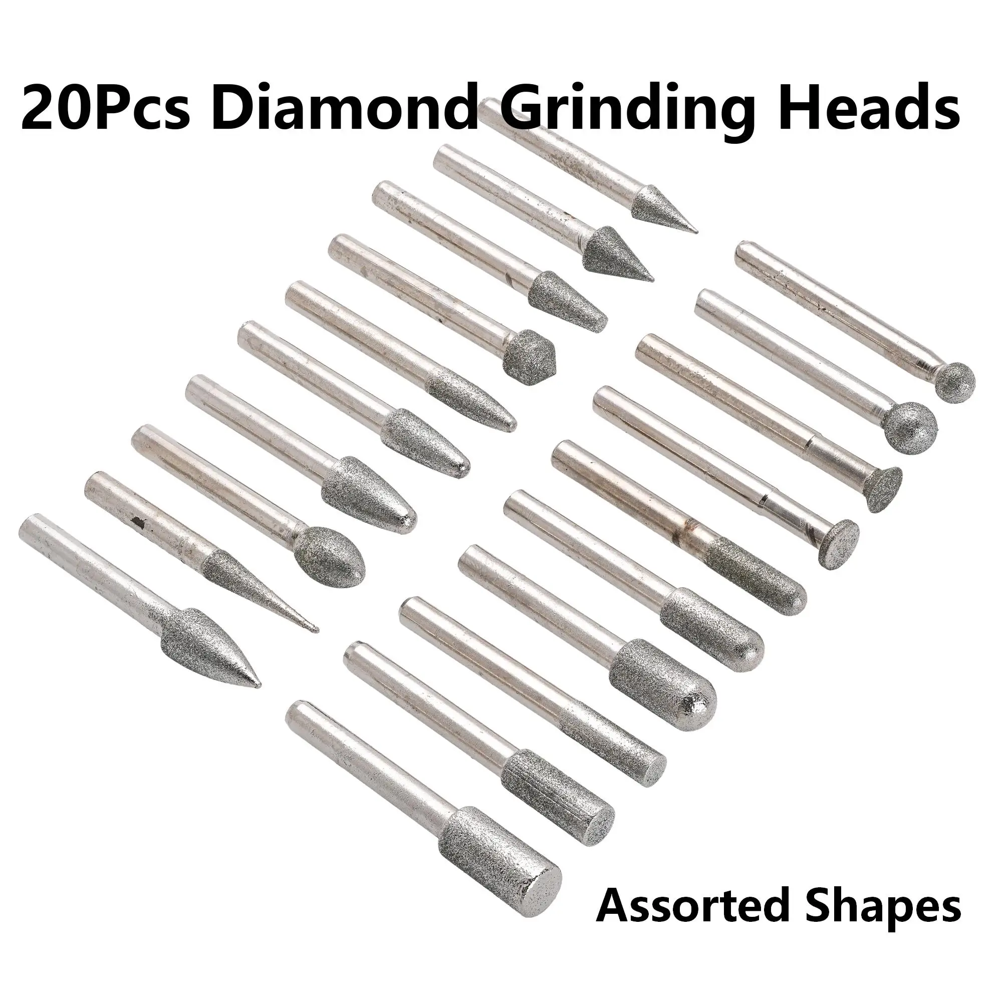 

20Pcs Diamond Coated Grinding Heads Set Assorted Shapes 6mm Shank Rotary Tool for Grinding Carving Polishing Jewelry Stone