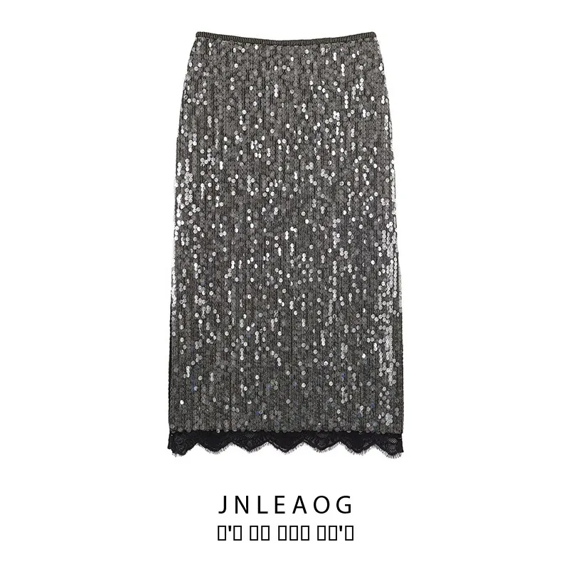 

JNLEAOG, осенняя новая женская модная универсальная кружевная юбка с блестками, полиэстер, повседневная юбка-стойка прямого кроя, китайский заказ