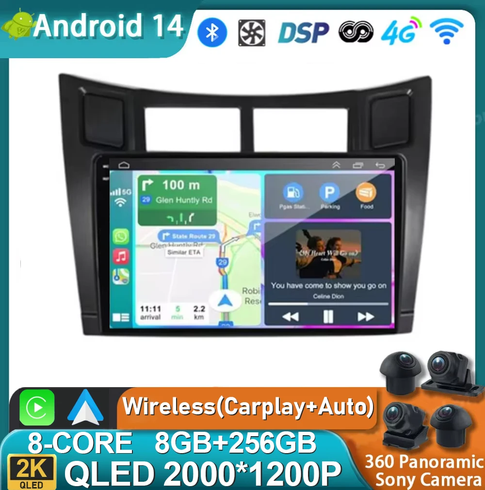

Android 14 для Toyota Yaris 2005-2012 2K QLED Android Автомобильный радиоприемник Мультимедийный видеоплеер GPS Стерео CarPlay Головное устройство 4G DSP