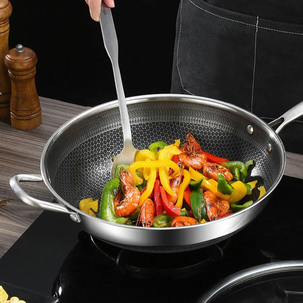 

Stainless Steel Honeycomb Grain Wok Frying Pan with Dual Handles Heavy Duty Non Stick Surface for Bbq Steaks Vegetables Cooking