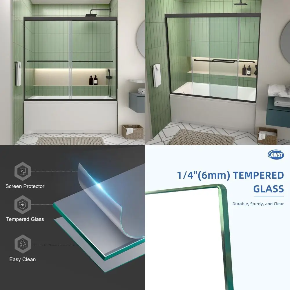 

double sliding shower enclosure for 56-60" wide x 58" high bathtub with 6mm clear tempered glass in matte black