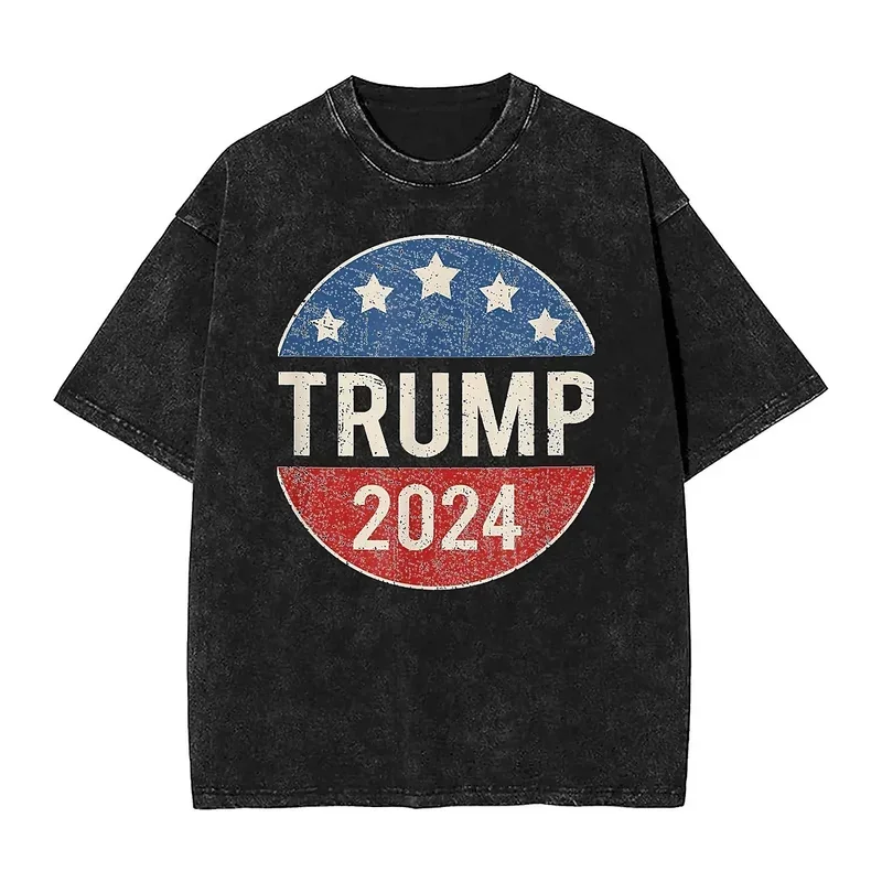 Trump 2024 American President Washed T Shirt Male United States Vintage Loose T-Shirts Summer O Neck Oversized Clothes