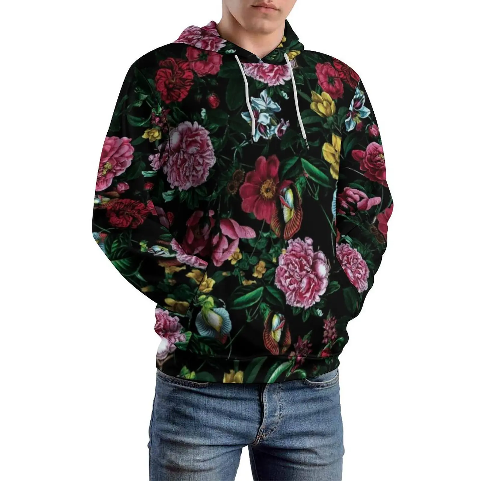 Tropical Floral Print Loose Hoodies Botanical Garden Elegant Pullover Hoodie Men Long-Sleeve Oversized Casual Hooded Sweatshirts