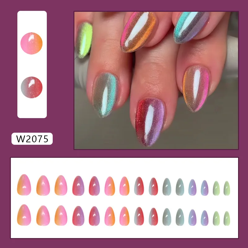 24 Pcs Cat's Eye Multi-color Gradient Press on Nails Medium Short Almond Summer Fake Nails with Glue Cheap Nail Tips Removable