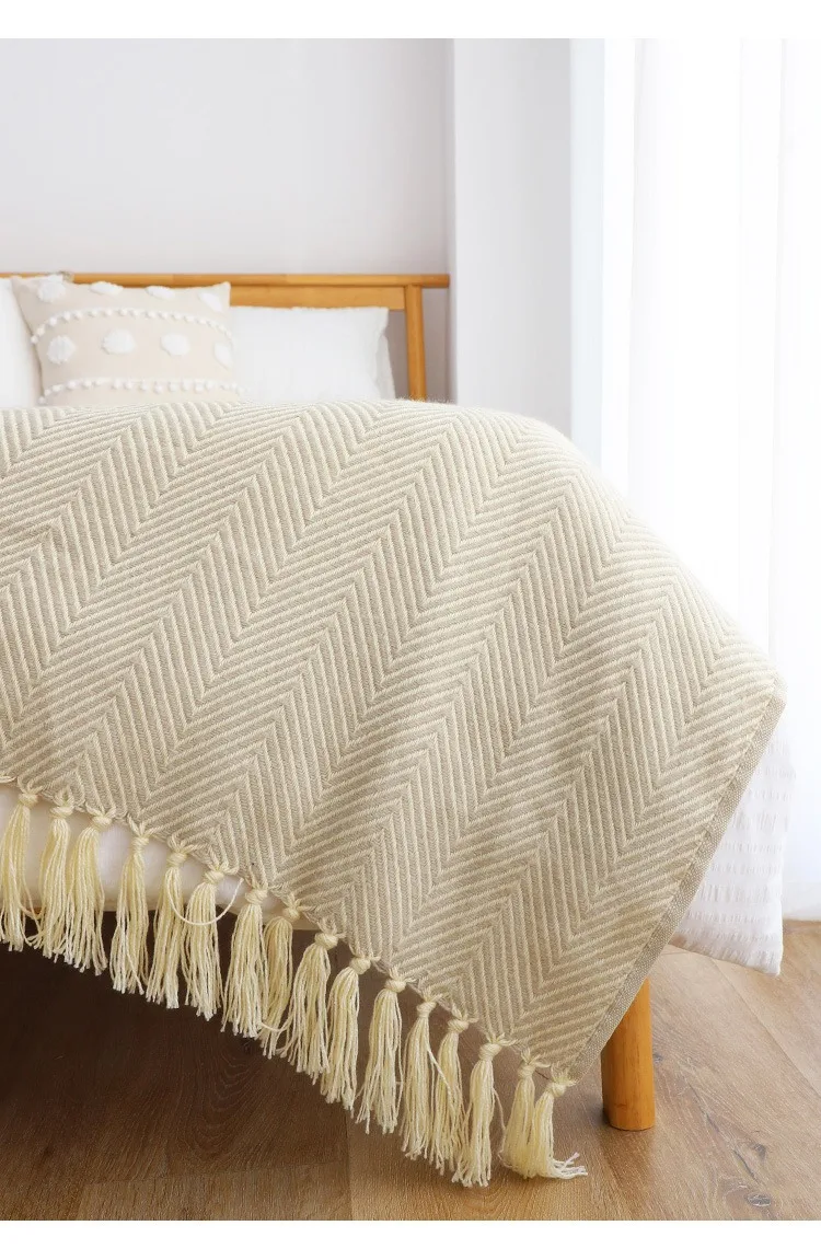 Vintage Herringbone Woven Blanket with Tassel Fringe Lightweight Decor Sofa Cover Multi-purpose Nap Throw Blanket