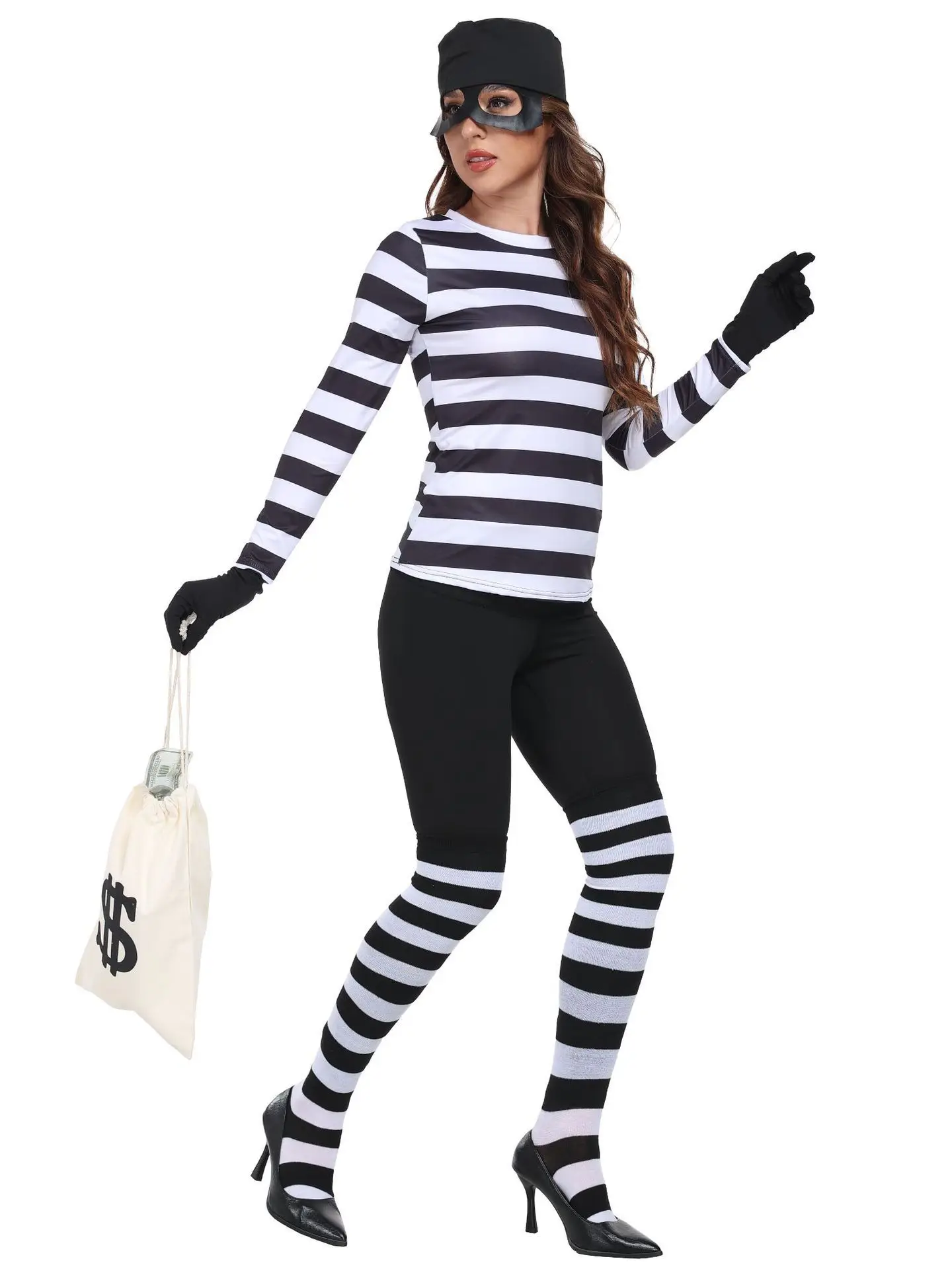 

SXL Long Sleeve Black White Stripes T-Shirt Women's Thief Role-playing Costume Halloween Themed Outfit Stage Performance Wear