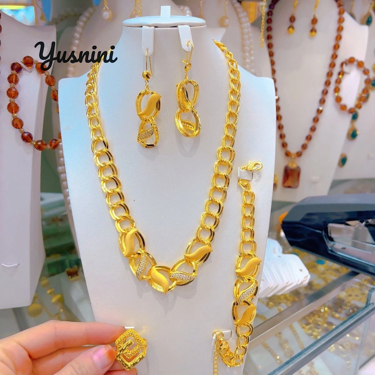 جديد الأمريكية 24K مطلية بالذهب قلادة أقراط خواتم أساور الزفاف حفلة خطوبة طقم مجوهرات لعشاق DD10714 #1