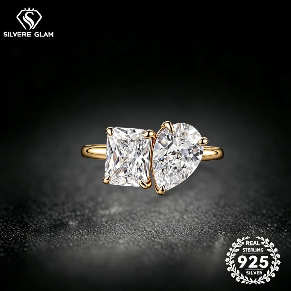 925 Sterling Silver Two Stone Toi Et Moi Ring 3.5CT Radiant Pear Cut D VVS1 Moissanite Multi Tone Wedding Fine Jewelry For Women