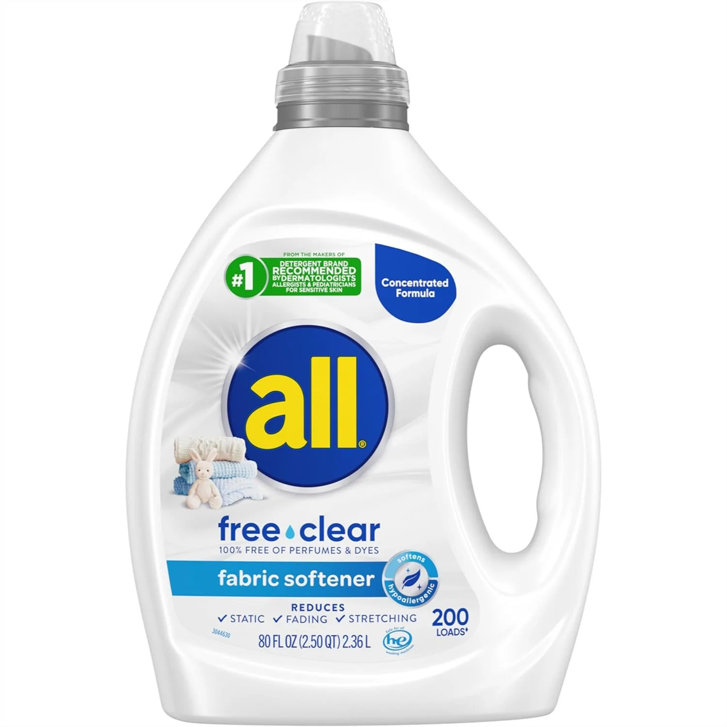 

Liquid Fabric Softener for Sensitive Skin, Unscented, Concentrated, 80oz, 200 Loads, Reduces Static and Stretching