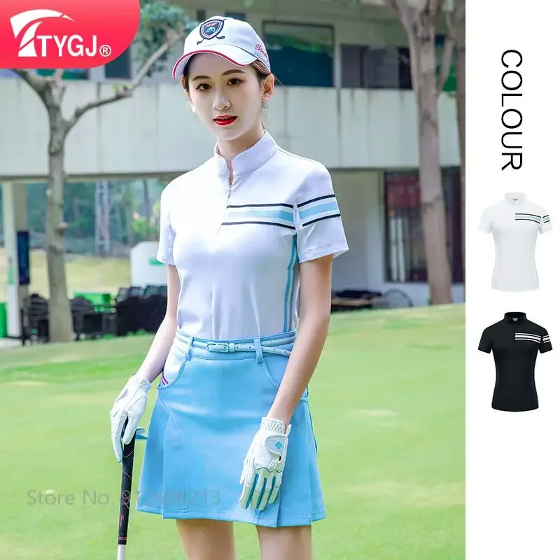 TTYGJ Female Stripe Short-sleeved T-shirts Elastic Casual Golf Shirts Ladies Turn-down Collar Tops Sunscreen Fast Dry Blouse