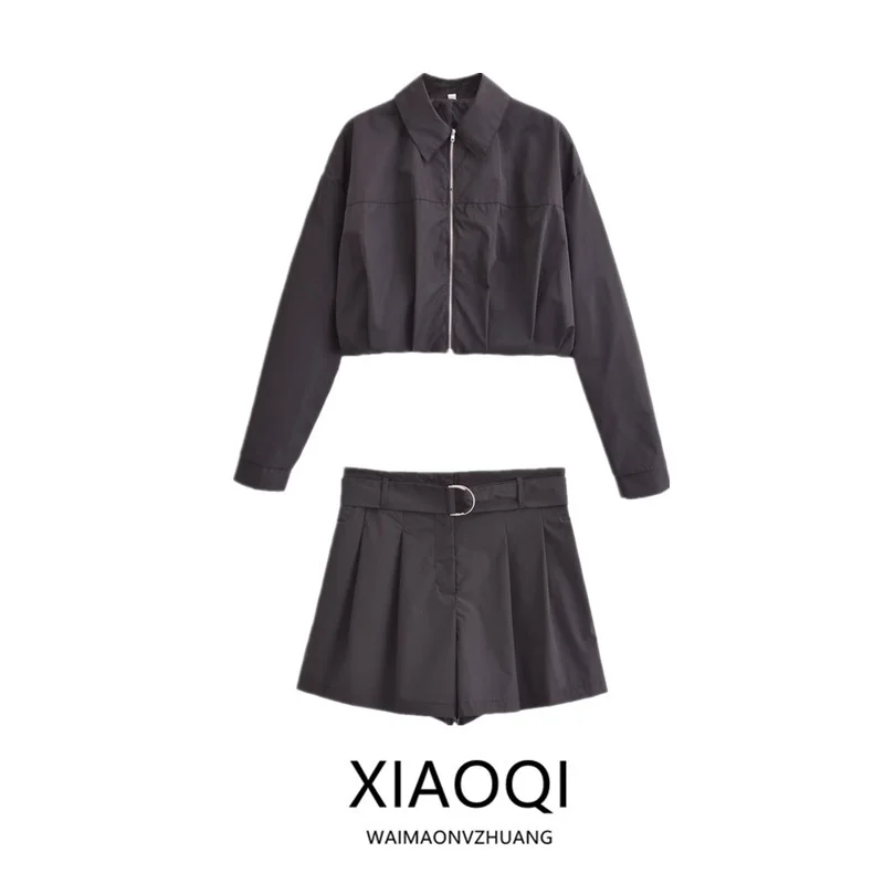 Spring Summer 2024 Women's Jacket Short Outerwear High Waist Shorts Pleated Hem Tech Fabric Fashion Set High Quality Ladies' ...