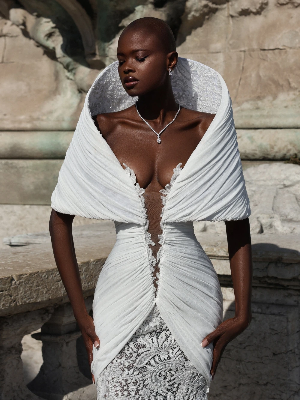 New Unique Oversized Collar Deep V Neck Wedding Dress Delicate Ruched Chiffon Beaded Lace Bridal Gown Customized Mermaid Wear