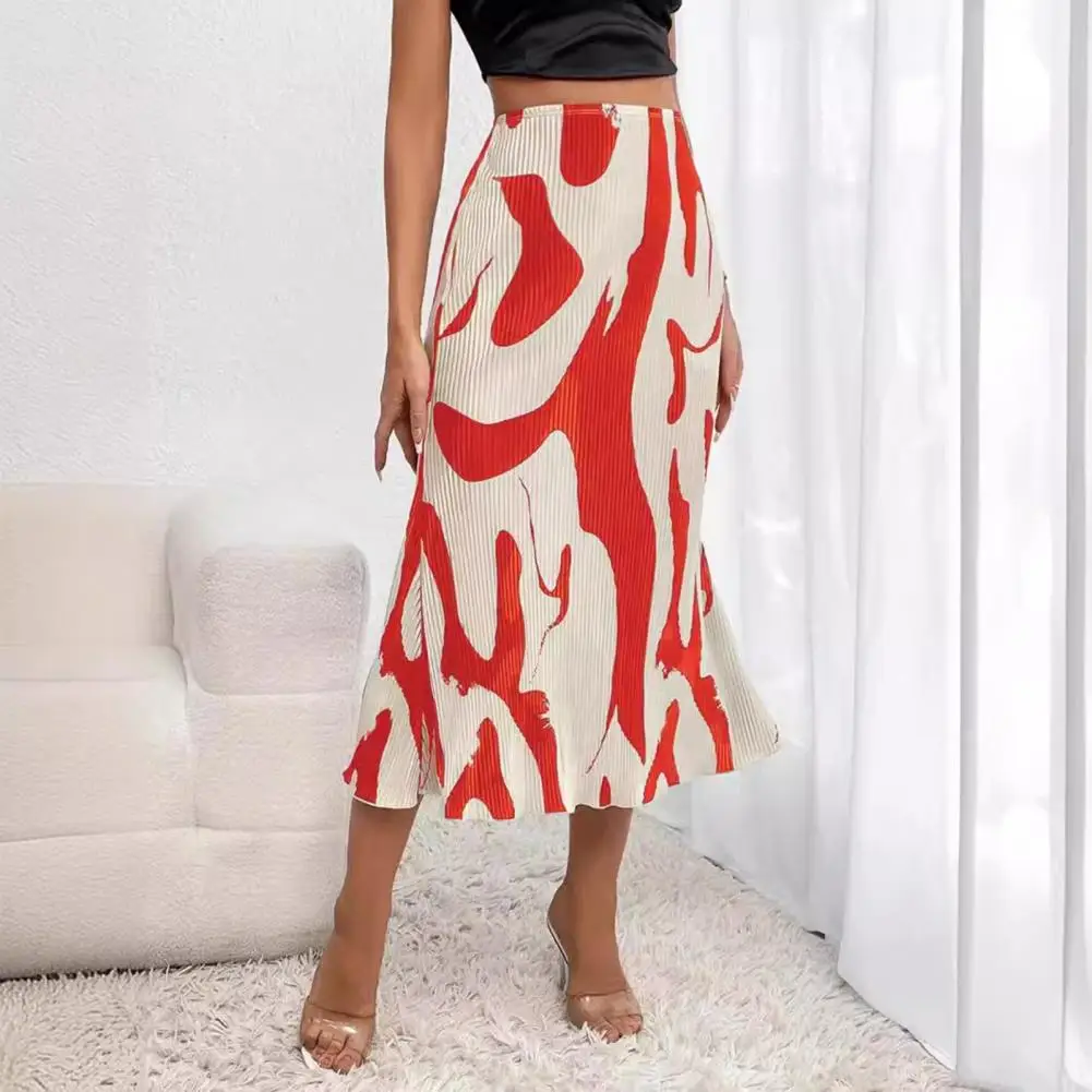 

Midi Skirt A-line Skirt Geometric Print Fishtail Skirt for Office Ladies High-waisted A-line Style with Hem Elegant Workwear