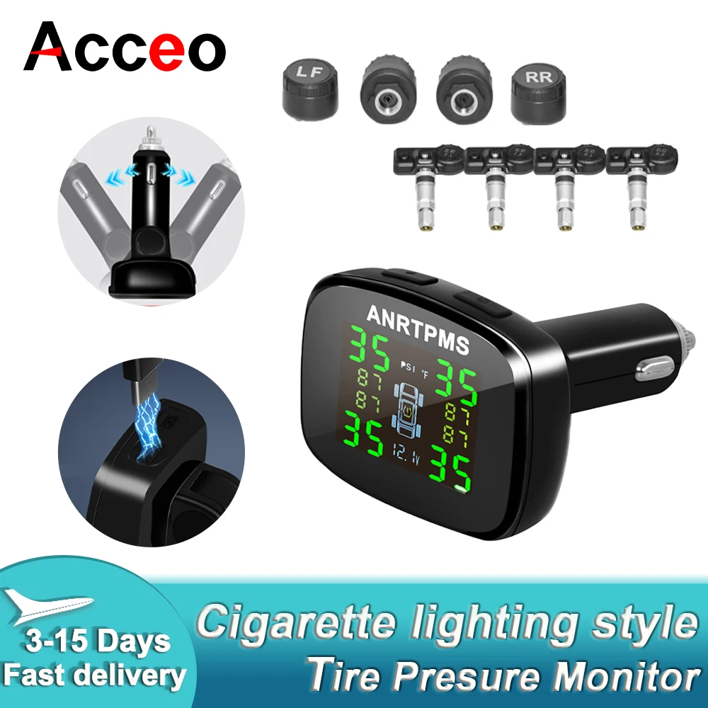 ACCEO TPMS Tire Pressure Monitoring System with Internal External Sensors 4 Sensors Cigarette Lighter Power Auto Security Alarm
