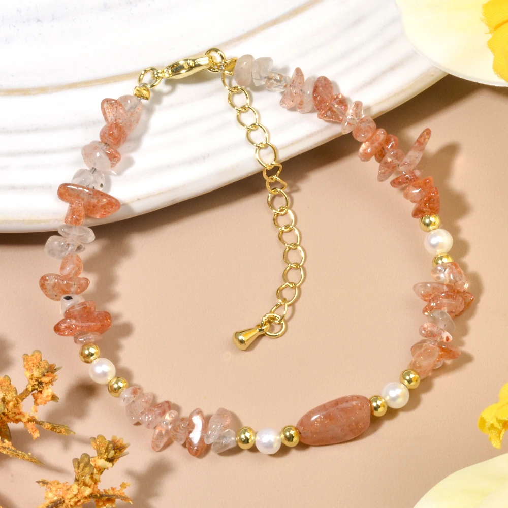Exquisite Natural Stone Sunstone Citrine Chip and Freshwater Pearl Bracel Adjustable Bracelet Birthday Holiday Gift for Women