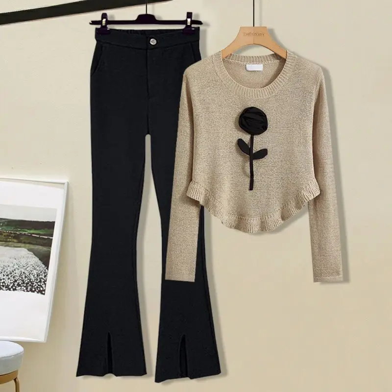 

Spring Autumn Large Size Faionable Women's Knitted Sweater And Micro Flared Pants Split Two Piece Set Korean Sle Hot Girl