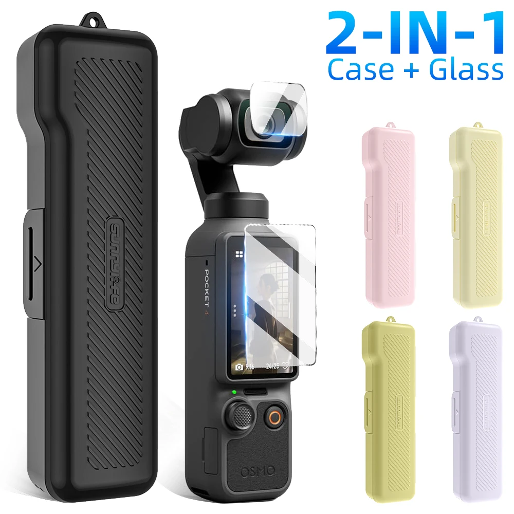 

2 IN 1 Case + Glass for DJI Osmo Pocket 4 PC Hard Portable Flip-open Protective Case With Lanyard & Screen Protector Accessories