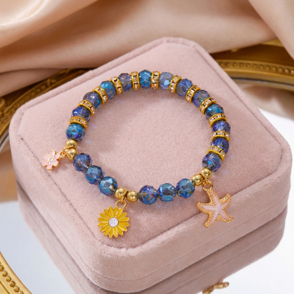 Böhmisches Blaues Kristall-Perlenarmband für Frauen Goldfarben Seestern Sonnenblumen-Anhänger Elastische Handkette Sommer-Schmuck Geschenk – Detail 5