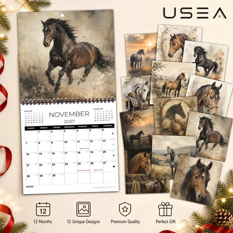 2027 Vintage Horse Wall Calendar, US Federal Holidays,Farmhouse Aesthetic Decor,Christmas Gift for Horse Lovers Coworker Teacher view 5