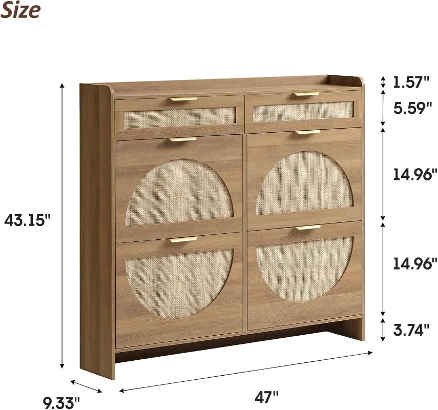 Rattan Shoe Storage Cabinet with 4 Flip Drawers & 2 Drawers, Freestanding Organizer for Front Door Entrance, Hidden Narrow Shoe