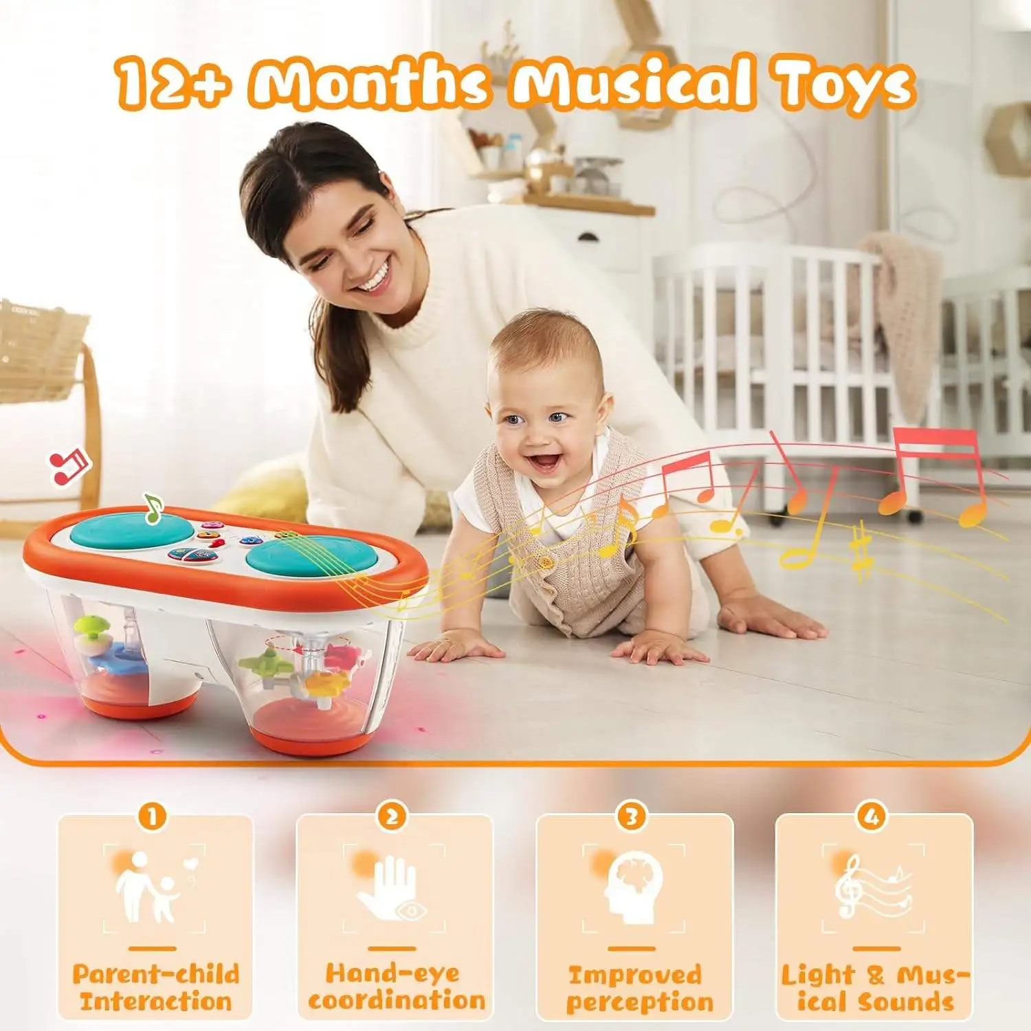 Giocattolo musicale multifunzionale per bambini, batteria elettronica che gioca a mano, con luci lampeggianti ed effetti sonori, accompagna la crescita del bambino