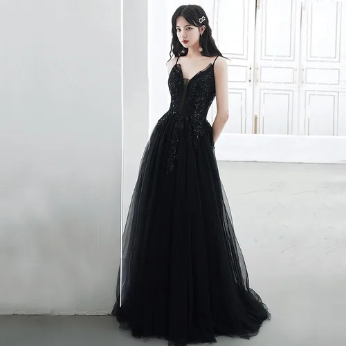 Imagen 2 del producto DongCMY vestido de fiesta pequeño negro con cuello en V profundo Halter 2025 Maxi nuevo estilo vestido francés de alta sociedad vestido de fiesta de cumpleaños personalizado